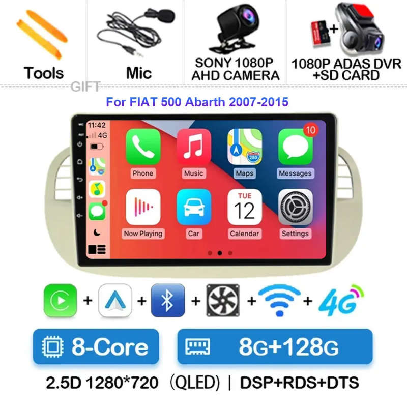 Android 14 Car Radio For Fiat 500 Navigation GPS Multimedia Player stereo 5GWiF+4G SIM BT wireles...