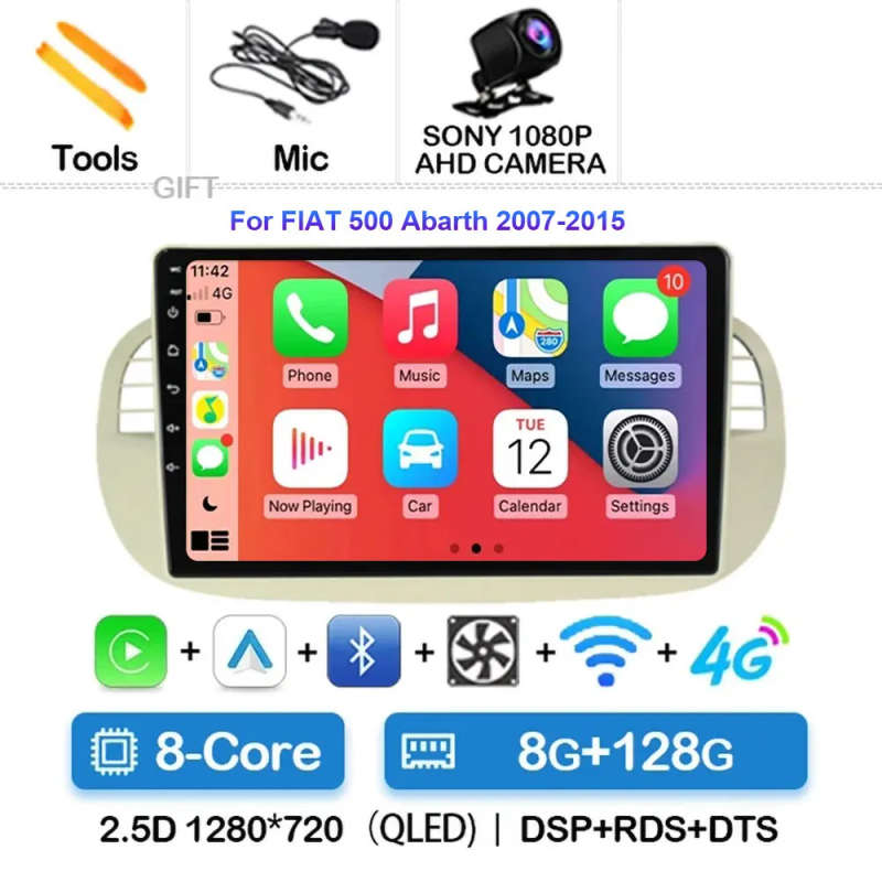 Android 14 Car Radio For Fiat 500 Navigation GPS Multimedia Player stereo 5GWiF+4G SIM BT wireles...