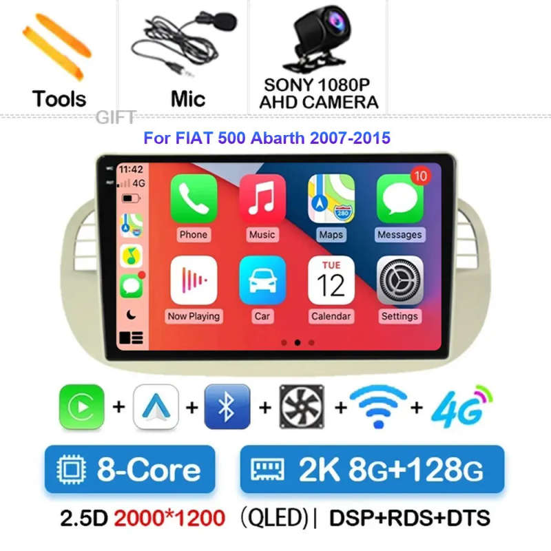 Android 14 Car Radio For Fiat 500 Navigation GPS Multimedia Player stereo 5GWiF+4G SIM BT wireles...