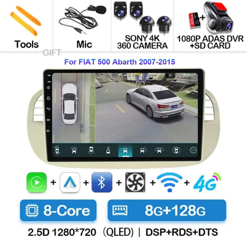 Android 14 Car Radio For Fiat 500 Navigation GPS Multimedia Player stereo 5GWiF+4G SIM BT wireles...