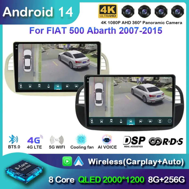 Android 14 Car Radio For Fiat 500 Navigation GPS Multimedia Player stereo 5GWiF+4G SIM BT wireles...