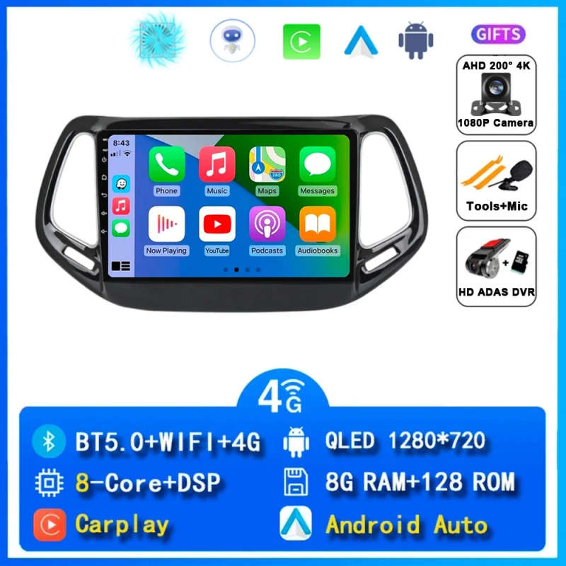 Android 14 Car Radio For Jeep Compass 2 MP 2016 2017 2018 Navigation GPS Multimedia Player Stereo...