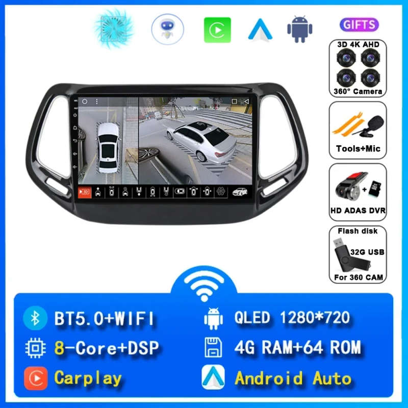 Android 14 Car Radio For Jeep Compass 2 MP 2016 2017 2018 Navigation GPS Multimedia Player Stereo...
