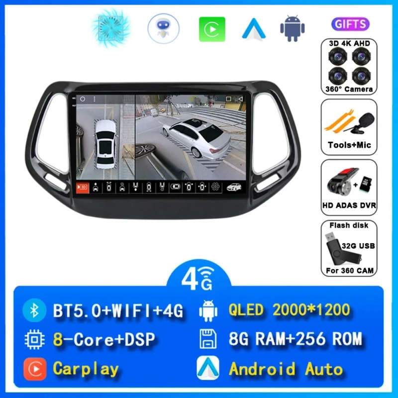Android 14 Car Radio For Jeep Compass 2 MP 2016 2017 2018 Navigation GPS Multimedia Player Stereo...