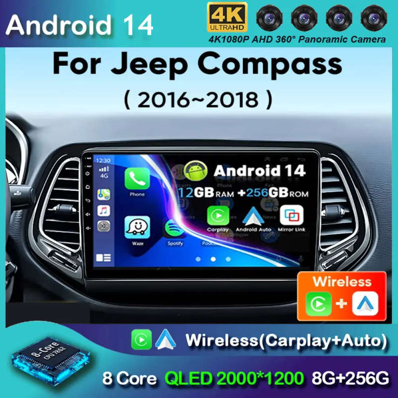 Android 14 Car Radio For Jeep Compass 2 MP 2017 - 2019 Wireless Carplay Android Auto Qualcomm Car...
