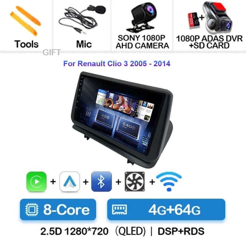 Android 14  Car Radio For Renault Clio 3 2005-2014 Wireless CarPlay Auto 4G Multimedia Player Nav...
