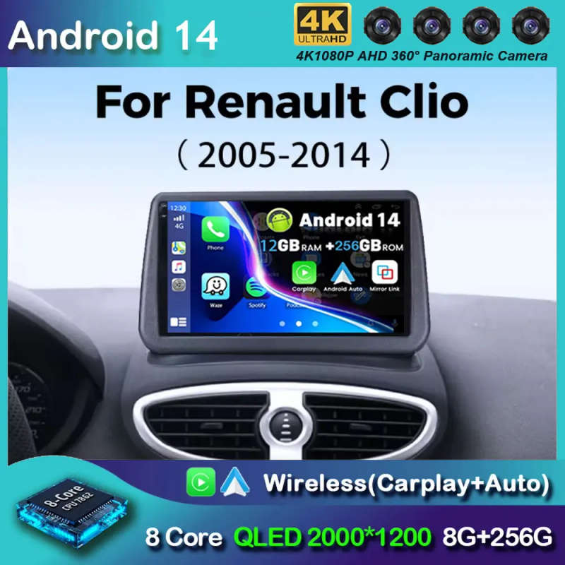 Android 14  Car Radio For Renault Clio 3 2005-2014 Wireless CarPlay Auto 4G Multimedia Player Nav...