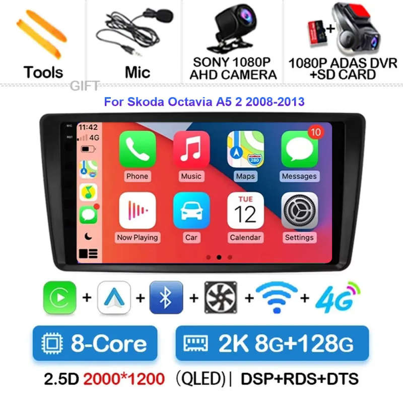 Android 14 Car Radio For Skoda Octavia A5 2 2008 - 2013 Wireless Carplay Android Auto Car Multime...