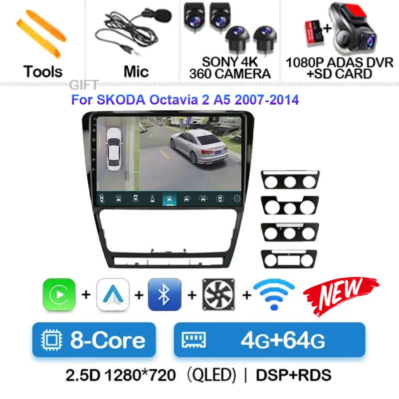 Android 14 Car Radio For Skoda Octavia A5 2 2008 - 2013 Wireless Carplay Android Auto Car Multime...