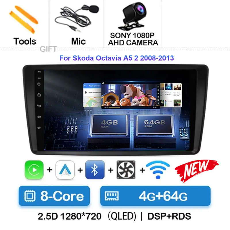Android 14 Car Radio For Skoda Octavia A5 2 2008 - 2013 Wireless Carplay Android Auto Car Multime...