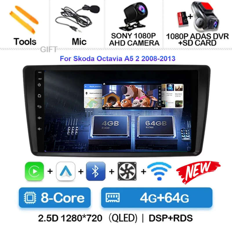 Android 14 Car Radio For Skoda Octavia A5 2 2008 - 2013 Wireless Carplay Android Auto Car Multime...