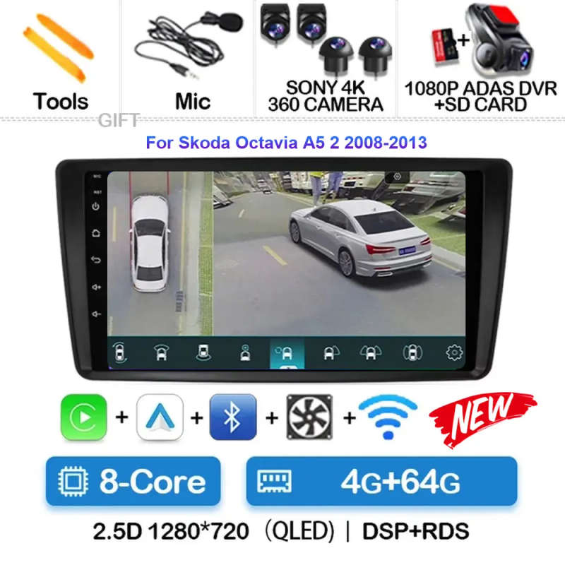 Android 14 Car Radio For Skoda Octavia A5 2 2008 - 2013 Wireless Carplay Android Auto Car Multime...