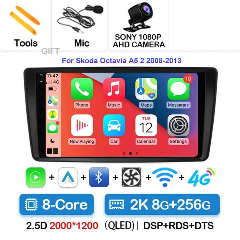 Android 14 Car Radio For Skoda Octavia A5 2 2008 - 2013 Wireless Carplay Android Auto Car Multime...