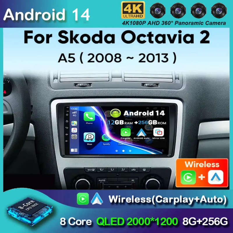 Android 14 Car Radio For Skoda Octavia A5 2 2008 - 2013 Wireless Carplay Android Auto Car Multime...