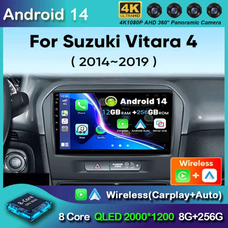 Android 14 Car Radio For Suzuki Vitara 4 2014 - 2019 Wireless Carplay Auto WiFi 4G Multimedia Pla...