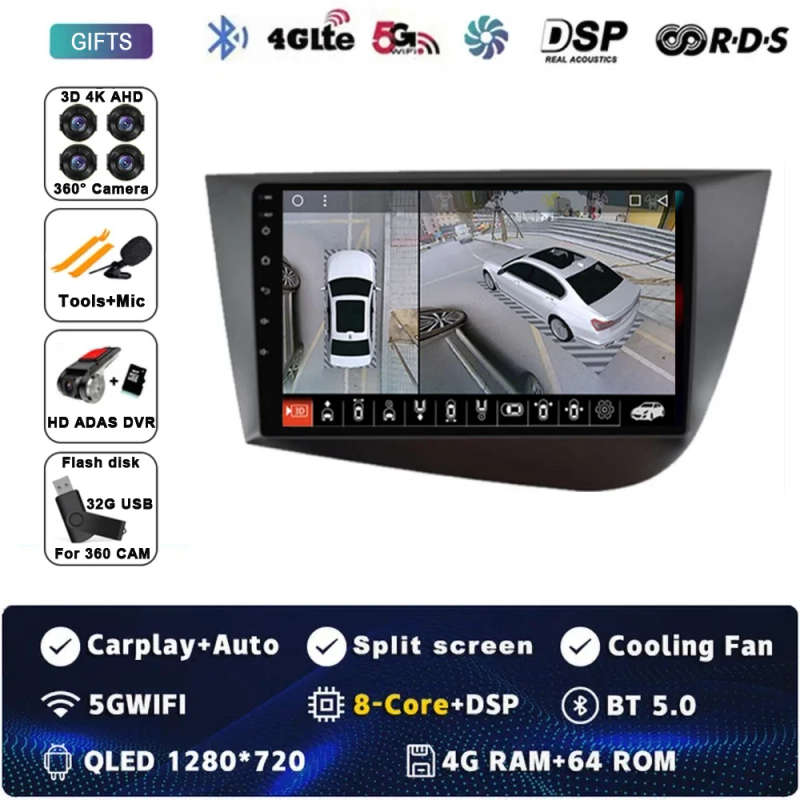 Android 14 Car Radio Navigation GPS Carplay For Seat Leon 2 MK2 2005-2012 Multimedia Video No DVD...