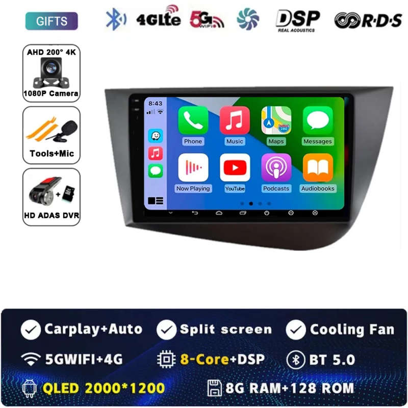Android 14 Car Radio Navigation GPS Carplay For Seat Leon 2 MK2 2005-2012 Multimedia Video No DVD...