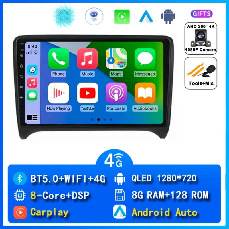 Android 14 Carplay Auto Car Radio For Audi TT MK2 8J 2006 - 2012 Head Unit Navigation GPS Multime...