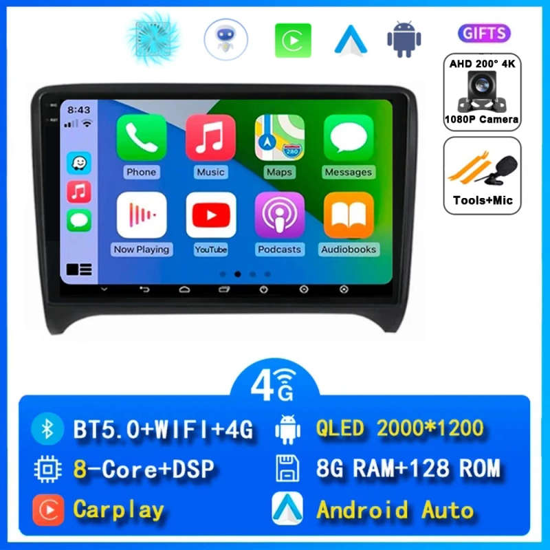 Android 14 Carplay Auto Car Radio For Audi TT MK2 8J 2006 - 2012 Head Unit Navigation GPS Multime...