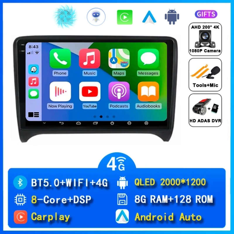 Android 14 Carplay Auto Car Radio For Audi TT MK2 8J 2006 - 2012 Head Unit Navigation GPS Multime...