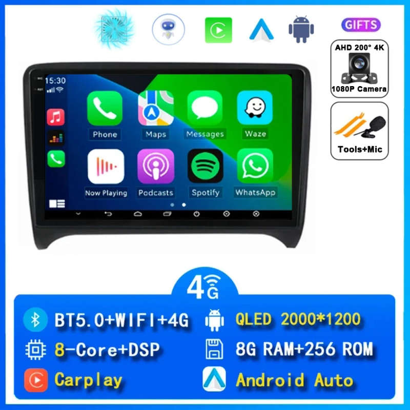 Android 14 Carplay Auto Car Radio For Audi TT MK2 8J 2006 - 2012 Head Unit Navigation GPS Multime...
