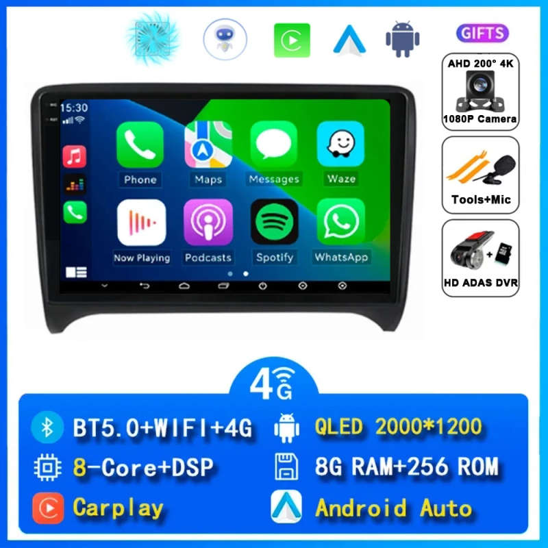Android 14 Carplay Auto Car Radio For Audi TT MK2 8J 2006 - 2012 Head Unit Navigation GPS Multime...