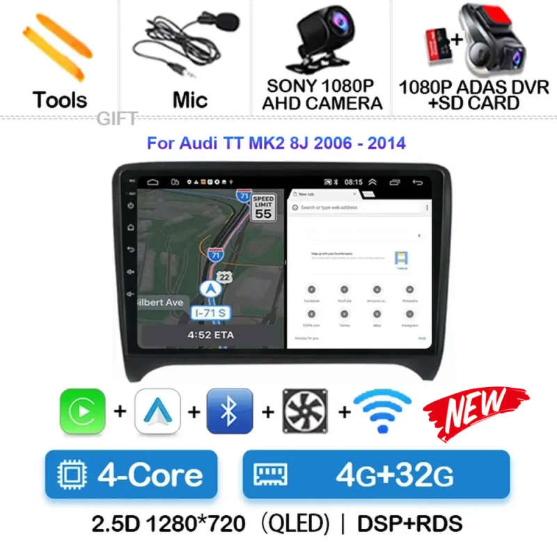 Android 14 Carplay Auto Car Radio For Audi TT MK2 8J 2006 - 2012 Navigation GPS Multimedia Player...