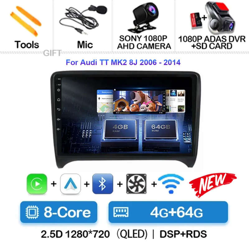 Android 14 Carplay Auto Car Radio For Audi TT MK2 8J 2006 - 2012 Navigation GPS Multimedia Player...