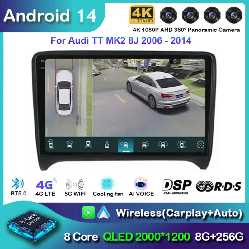 Android 14 Carplay Auto Car Radio For Audi TT MK2 8J 2006 - 2012 Navigation GPS Multimedia Player...