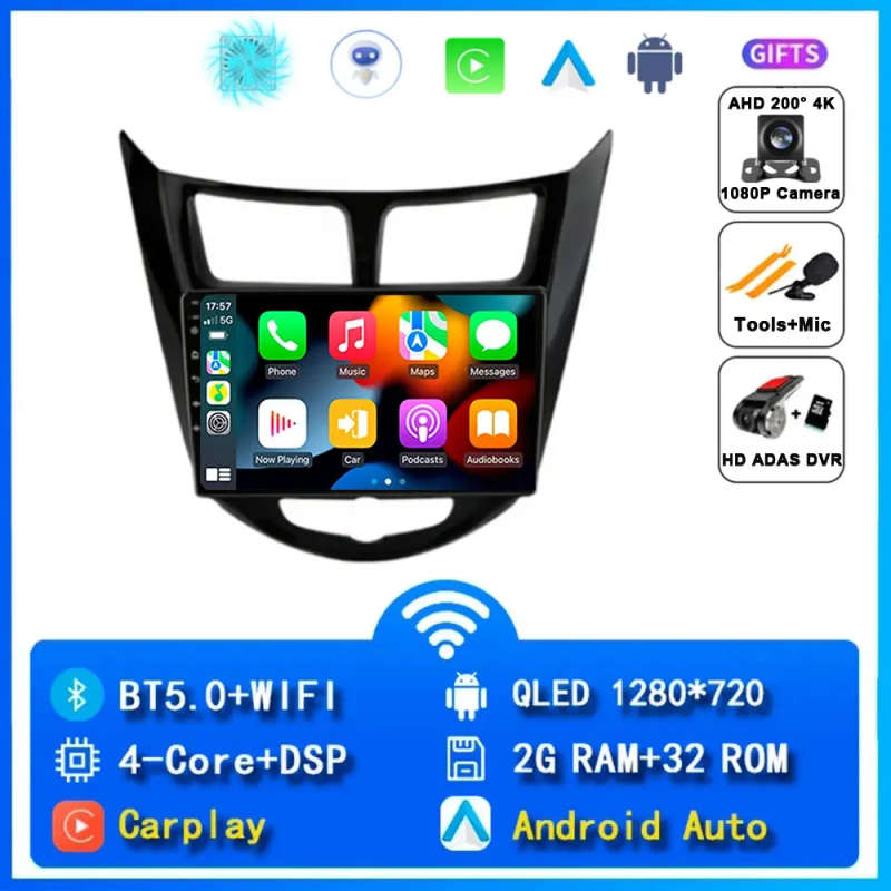 Android 14 Carplay Auto Car Radio For Hyundai Solaris 1 Accent 2010 - 2016 Navigation GPS Multime...