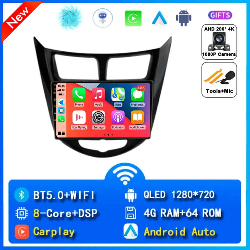 Android 14 Carplay Auto Car Radio For Hyundai Solaris 1 Accent 2010 - 2016 Navigation GPS Multime...