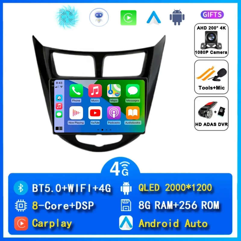 Android 14 Carplay Auto Car Radio For Hyundai Solaris 1 Accent 2010 - 2016 Navigation GPS Multime...