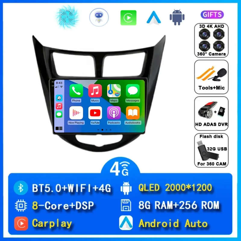 Android 14 Carplay Auto Car Radio For Hyundai Solaris 1 Accent 2010 - 2016 Navigation GPS Multime...