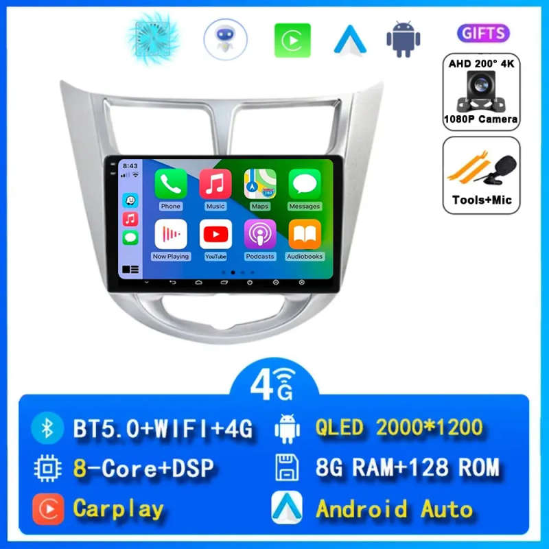 Android 14 Carplay Auto Car Radio For Hyundai Solaris 1 Accent 2010 - 2016 Navigation GPS Multime...