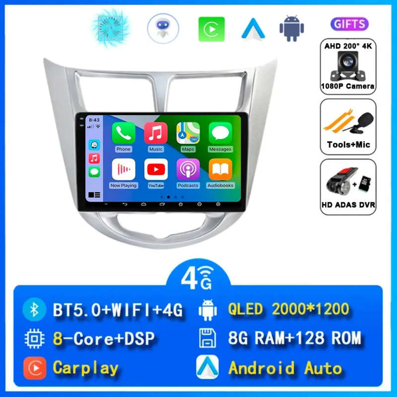 Android 14 Carplay Auto Car Radio For Hyundai Solaris 1 Accent 2010 - 2016 Navigation GPS Multime...