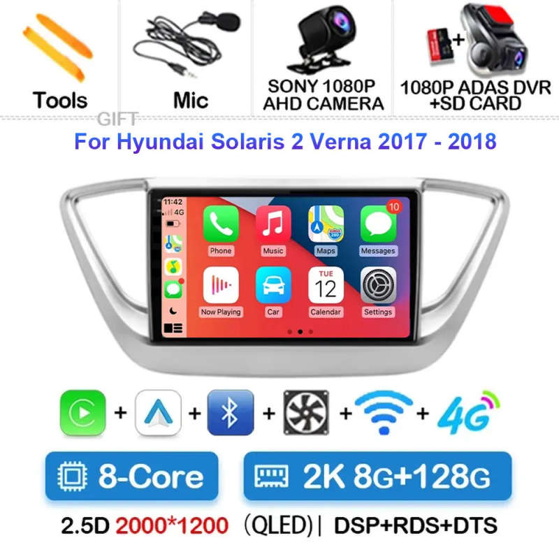 Android 14 Carplay Auto Car Radio For Hyundai Solaris 2 Verna 2016 - 2020 Navigation GPS Multimed...