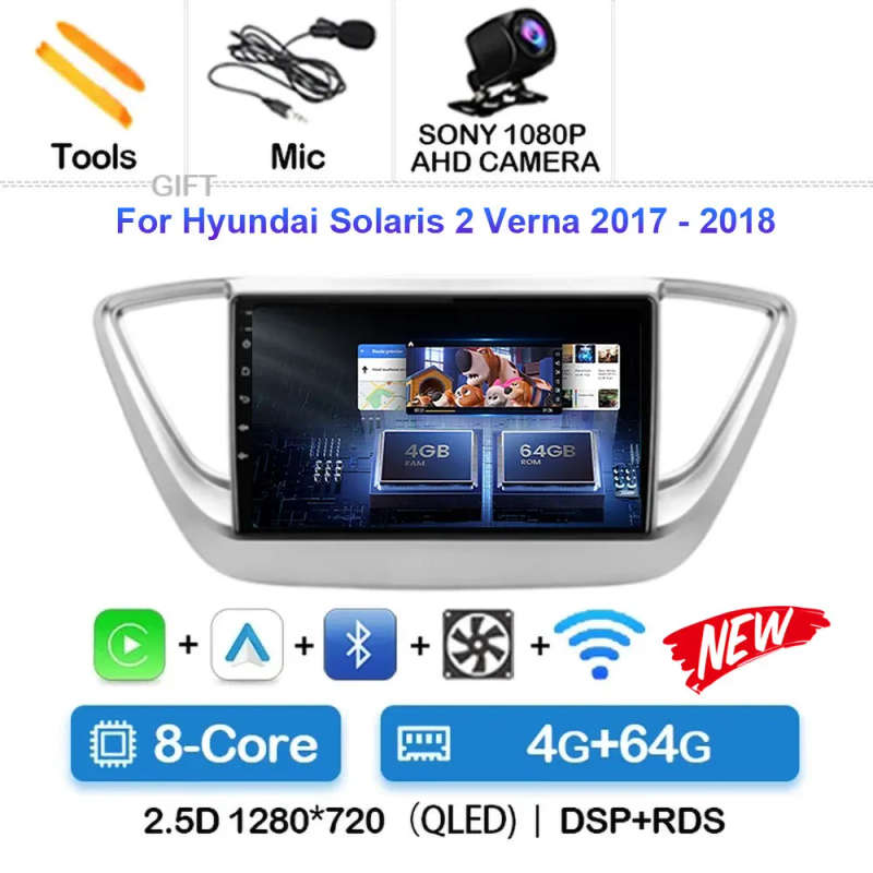 Android 14 Carplay Auto Car Radio For Hyundai Solaris 2 Verna 2016 - 2020 Navigation GPS Multimed...