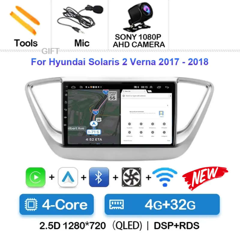 Android 14 Carplay Auto Car Radio For Hyundai Solaris 2 Verna 2016 - 2020 Navigation GPS Multimed...