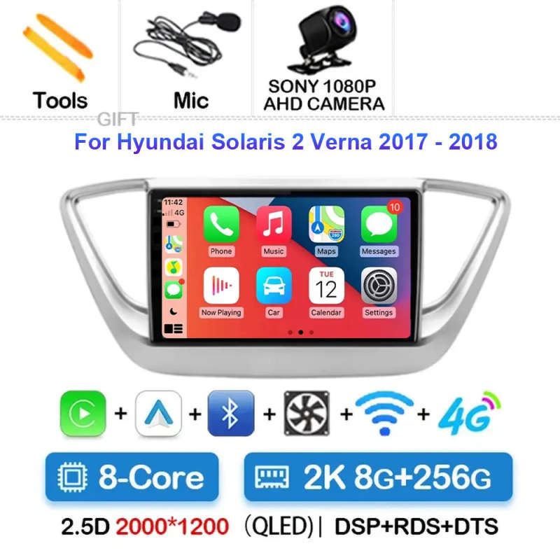 Android 14 Carplay Auto Car Radio For Hyundai Solaris 2 Verna 2016 - 2020 Navigation GPS Multimed...