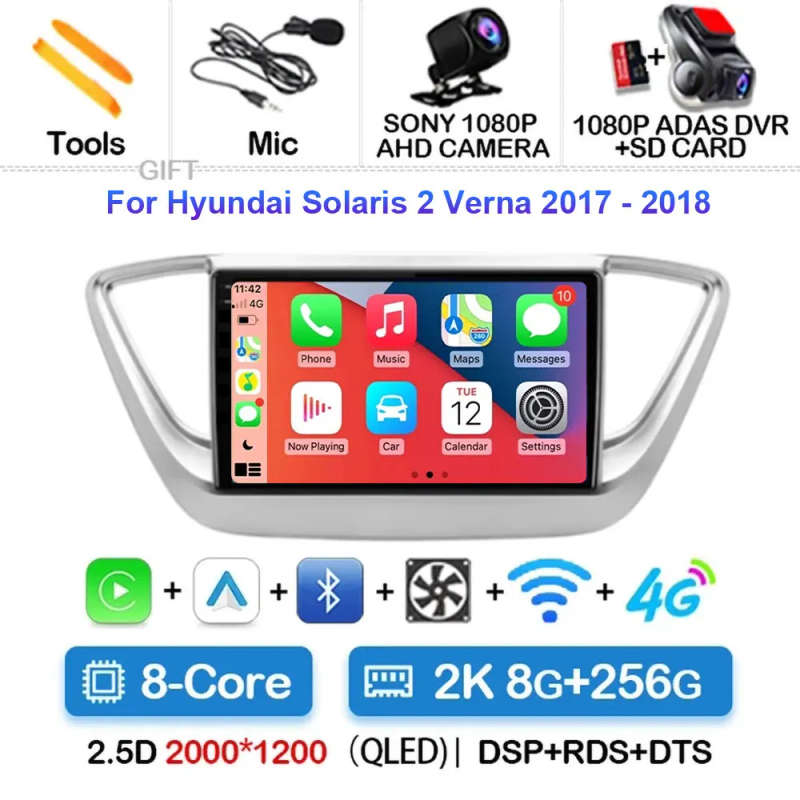 Android 14 Carplay Auto Car Radio For Hyundai Solaris 2 Verna 2016 - 2020 Navigation GPS Multimed...