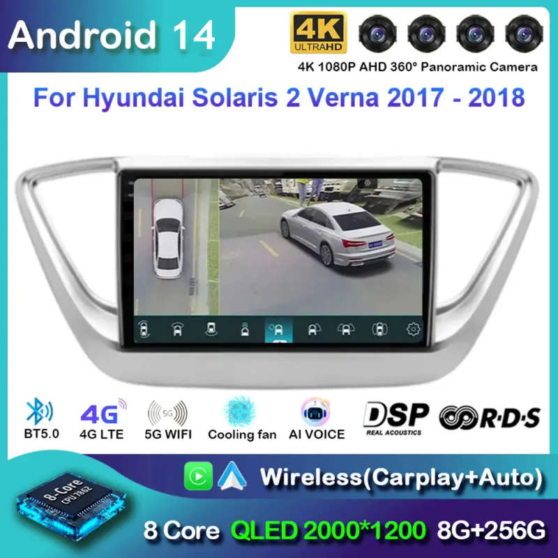 Android 14 Carplay Auto Car Radio For Hyundai Solaris 2 Verna 2016 - 2020 Navigation GPS Multimed...