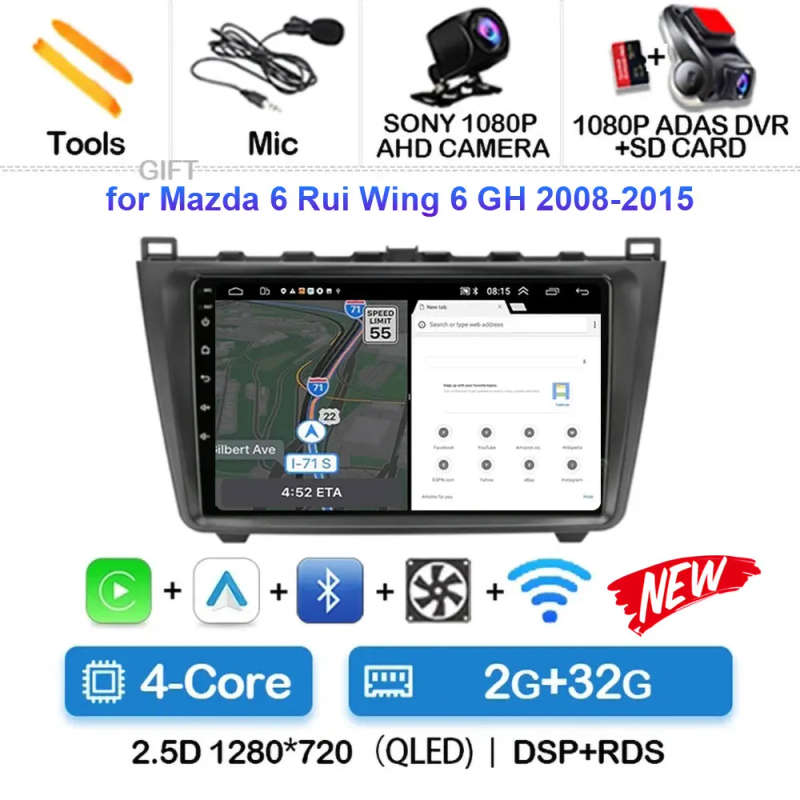 Android 14 Carplay Auto Car Radio For Mazda 6 GH 2007 - 2012 Navigation GPS Multimedia Player Ste...