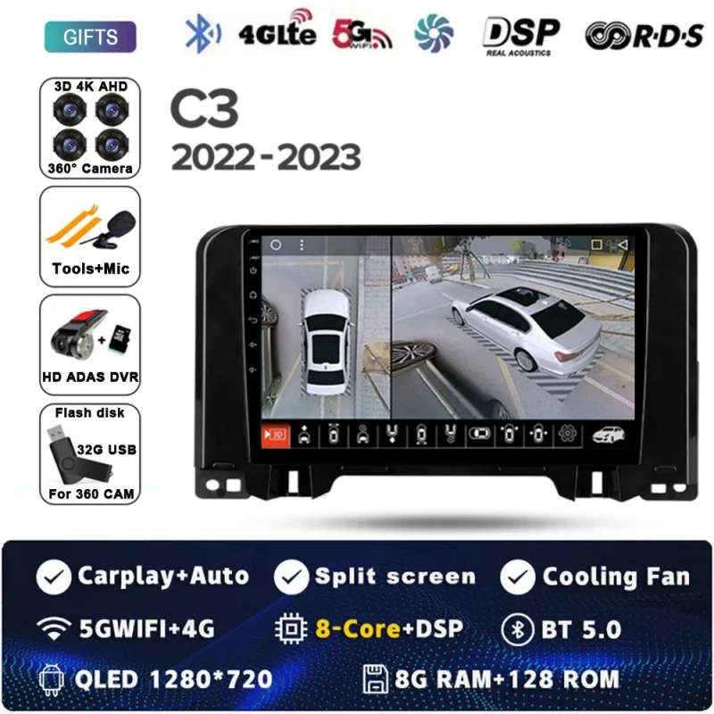 Android 14 Carplay Auto For Citroen C3 2022 - 2023 Car Radio Multimedia Video Player Navigation G...