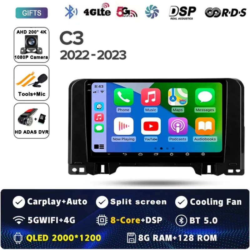 Android 14 Carplay Auto For Citroen C3 2022 - 2023 Car Radio Multimedia Video Player Navigation G...