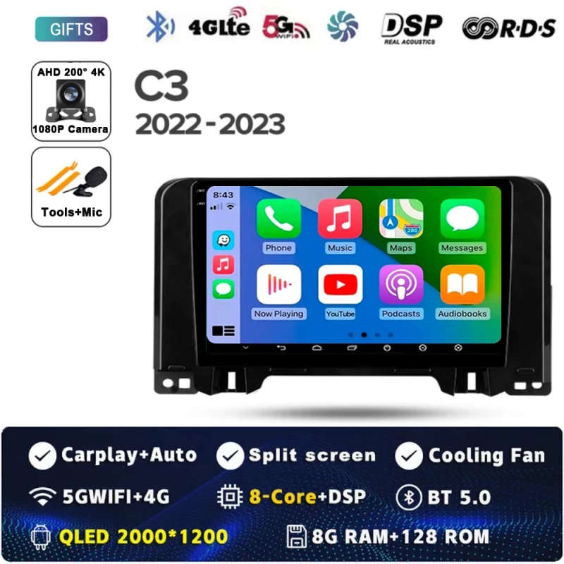 Android 14 Carplay Auto For Citroen C3 2022 - 2023 Car Radio Multimedia Video Player Navigation G...