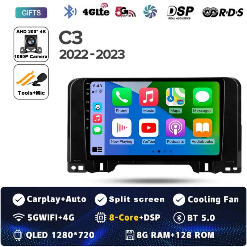 Android 14 Carplay Auto For Citroen C3 2022 - 2023 Car Radio Multimedia Video Player Navigation G...