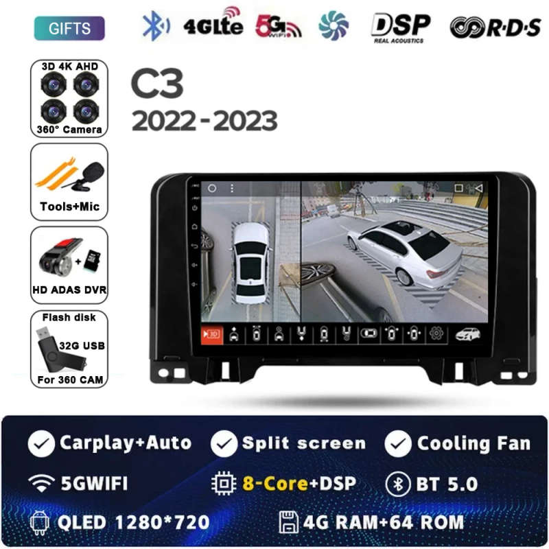 Android 14 Carplay Auto For Citroen C3 2022 - 2023 Car Radio Multimedia Video Player Navigation G...