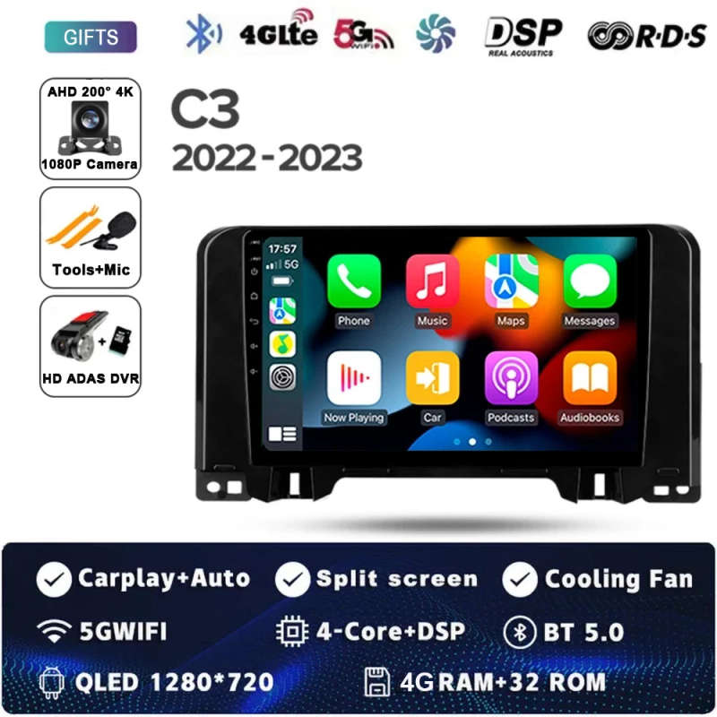 Android 14 Carplay Auto For Citroen C3 2022 - 2023 Car Radio Multimedia Video Player Navigation G...