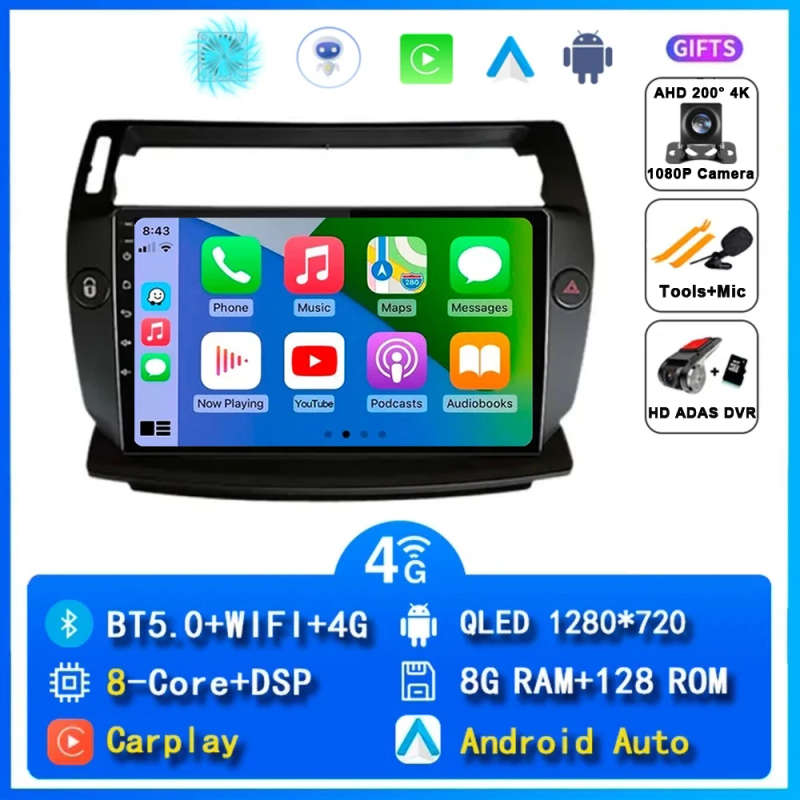 Android 14 Carplay Car Radio For Citroen C4 C-Triomphe Quatre 2004-2014 Navigation GPS Multimedia...