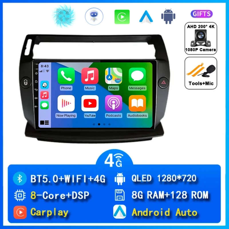 Android 14 Carplay Car Radio For Citroen C4 C-Triomphe Quatre 2004-2014 Navigation GPS Multimedia...